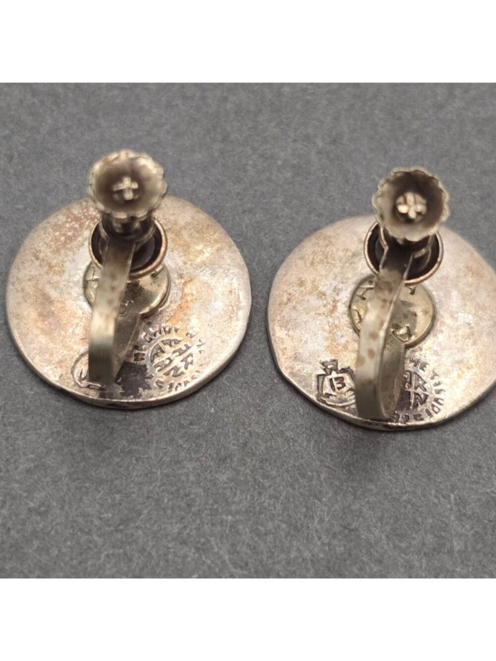 Vintage Taxco Far Fan Sterling Silver Aztec Sun Stone Earrings .75" Screw Back - Picture 7 of 10